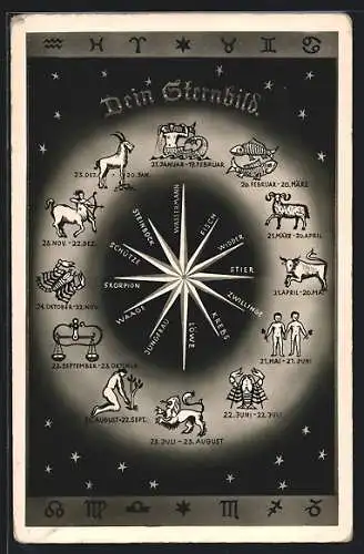 AK Die 12 Sternzeichen in ihrer Reihenfolge mit ihren Symbolen