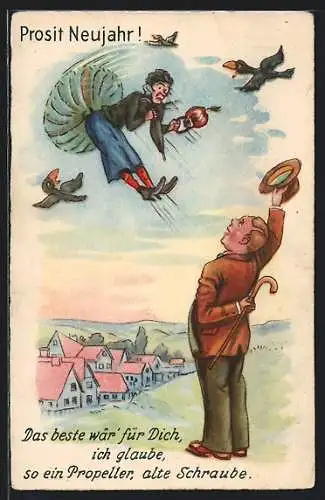 AK Gräfin Zeppelin, Frau hebt mit Propeller am Hintern ab, Mann winkt erfreut zum Abschied, frauenfeindlicher Humor