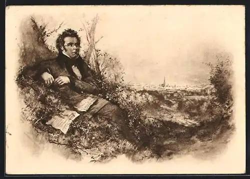 Künstler-AK Franz Schubert im Grünen beim Komponieren