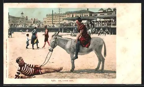 AK Mann in Badekleidung mit Frau auf Esel am Strand