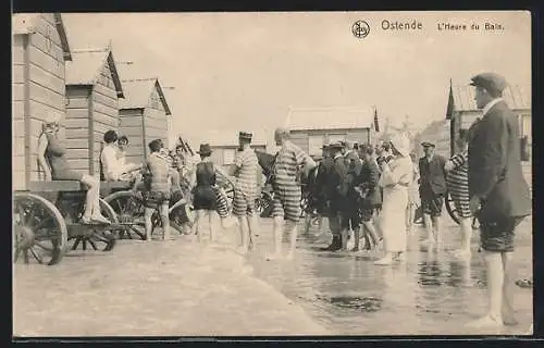 AK Ostende, L`Heure du Bain, Männer in gestreiften Badeanzügen