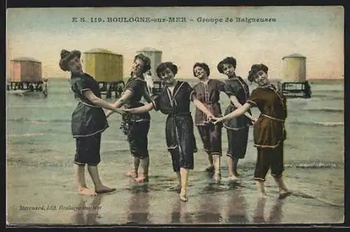 AK Boulogne-sur-Mer, Groupe de Baigneuses, Bademode, Badewaagen