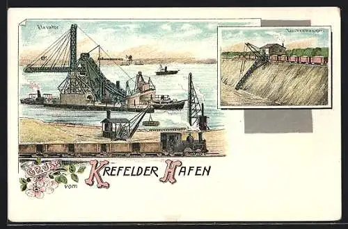 Lithographie Krefeld, Hafen mit Elevator, Trockenbagger