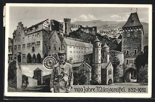 AK Münstereifel, Festpostkarte 1100 Jahre Münstereifel 832-1932, Schloss, Ruine, Schütze mit Gewehr