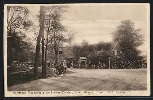 AK Hervest-Dorsten, Gasthof Forsthaus Freudenberg, Motorrad- und Radfahrer