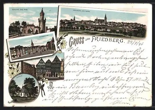 Lithographie Friedberg / Hessen, Eingang zur Burg, Kapelle, Kaiserstrasse