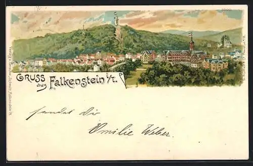 Lithographie Falkenstein i. T., Teilansicht mit Kirche