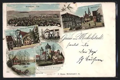 Lithographie Michelstadt, Marktplatz, Kloster Steinbach, Schloss Fürstenau, Ruderboot