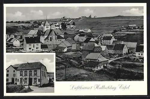 AK Hallschlag /Eifel, Gasthof Schneider Willems, Teilansicht mit Kirche