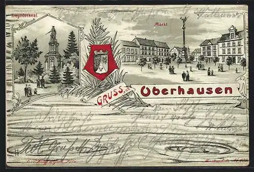 Lithographie Oberhausen / Rheinland, Markt, Kriegerdenkmal, Wappen