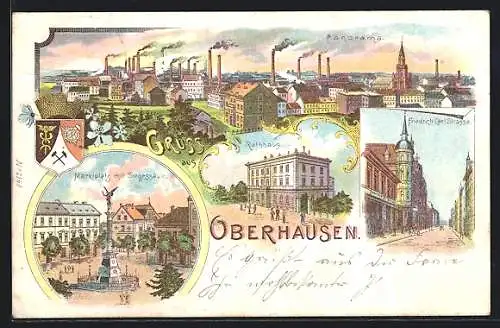 Lithographie Oberhausen / Rheinland, Marktplatz mit Siegessäule, Rathaus, Friedrich Karl-Strasse