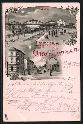 Lithographie Oberhausen / Rheinland, Bahnhof, Strassenpartie bei Mondschein