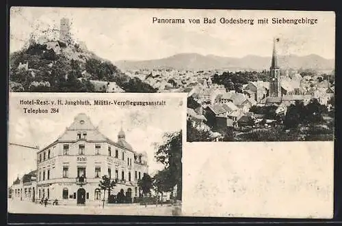 AK Bad Godesberg, Hotel-Restaurant H. Jungbluth / Militär-Verpflegungsanstalt, Panorama mit Siebengebirge