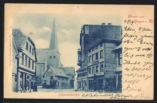 AK Hagen i. W., Johanniskirche mit Strasse und Küchen-Korbwaren-Handlung