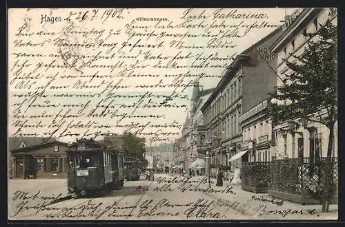 AK Hagen / Westfalen, Kölnerstrasse mit Strassenbahn und Geschäften