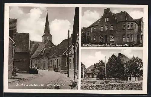 AK Asbeck, Gasthof Jos. Leyers, Schule, Strassenpartie mit Kirchturm