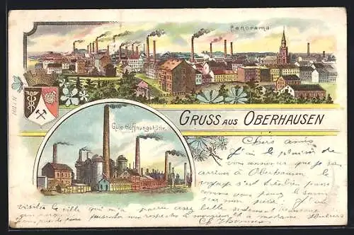 Lithographie Oberhausen / Rheinland, Gute Hoffnungshütte, Panoramablick auf die Stadt