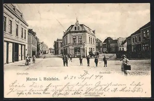AK Marne /Holstein, Deichstrasse, Kreuzung mit Tabakgeschäft Lafrenz