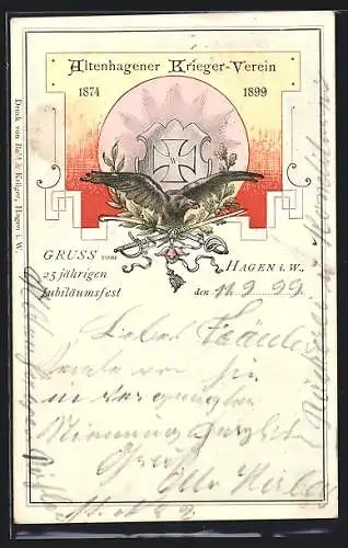 Lithographie Hagen i. W., 25 jähriges Jubiläumsfest-Altenhagener Krieger-Verein 1874-1899, Wappen und Adler