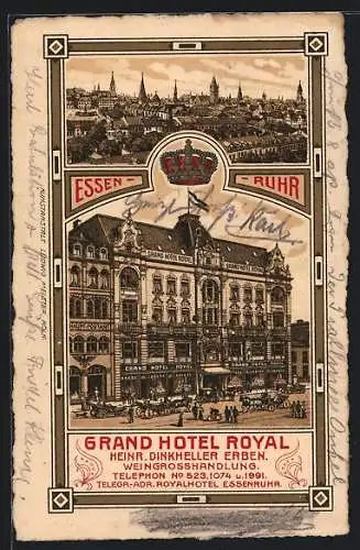 Lithographie Essen /Ruhr, Grand Hotel Royal, Heinr. Dinkheller Erben, Stadtansicht aus der Vogelschau