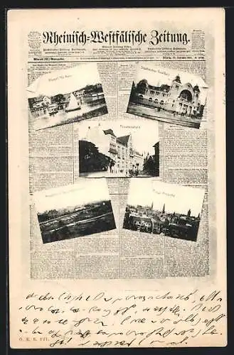 AK Essen /Ruhr, Rheinisch-Westfälische Zeitung, Hügel, Theaterplatz, Krupp`sche Gussstahlfabrik
