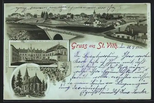 Mondschein-Lithographie St. Vith, Pfarrkirche, St. Joseph`s-Kloster mit Haushaltungspensionat, Ortsansicht mit Brücke