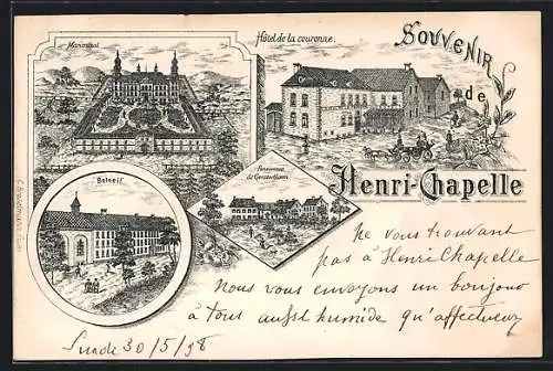 Lithographie Henri-Chapelle, Hotel de la couronne, Pensionnat de Gensterbloom, Beloeil