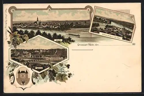 Lithographie Crossen-Krosno Odrz, Stadtansicht, Bobereinfluss in die Oder, Berg, Wappen