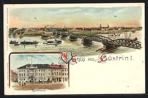 Lithographie Cuestrin / Kostrzyn, Rathaus, Flusspartie mit Orstansicht