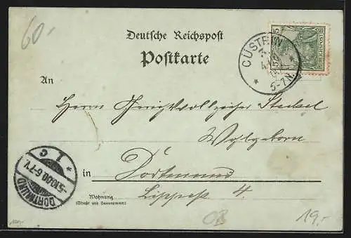 Mondschein-Lithographie Cüstrin, Kaserne d. Inf. Rgt. Nr. 48, Kietzerstrasse, Pfarrkirche