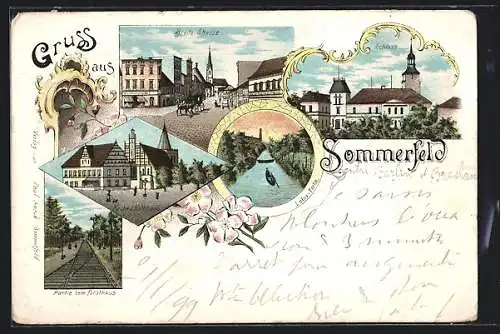 Lithographie Sommerfeld, Breite-Strasse, Schloss, Kirche u. Rathaus
