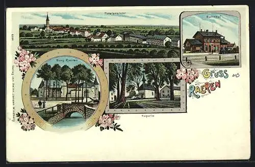 Lithographie Raeren, Ansicht der Burg, Bahnhof, Kapelle, Gesamtansicht