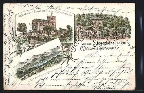 Lithographie Liegnitz, Siegeshöhe, L. Lehmann`s Restaurant mit Garten, Rundsicht vom Riesengebirge