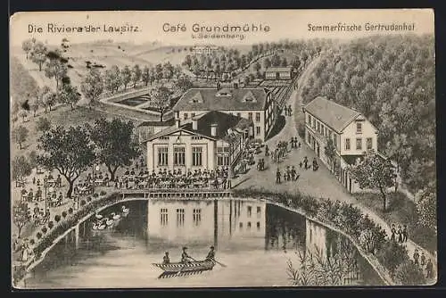 AK Seidenberg, Café Grundmühle mit Gartenlokal, Ruderboot