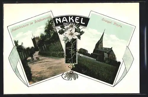 AK Nakel, Aussichtsturm im Schützenpark, Evangel. Kirche