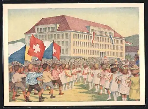 Künstler-AK Zürich, Jugendfest anlässlich der Schulhausweihe Milchbuck 1930