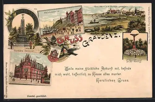 Lithographie Graudenz / Grudziadz, Post, Kriegerdenkmal an der Festung, Courbière-Denkmal, Wappen
