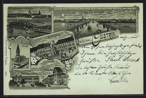 Lithographie Cuestrin / Kostrzyn, Marktplatz, Schlosskaserne mit Oderbrücke, Friedenskirche