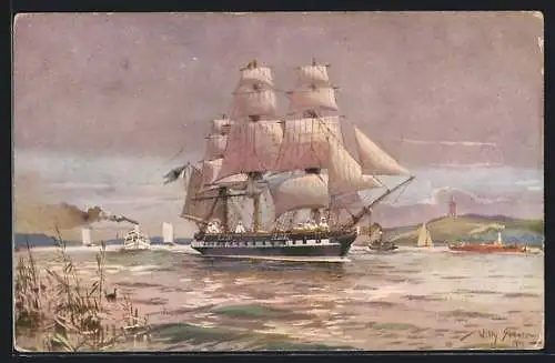 Künstler-AK Willy Stoewer: Dreimast-Segelschiff in Ufernähe