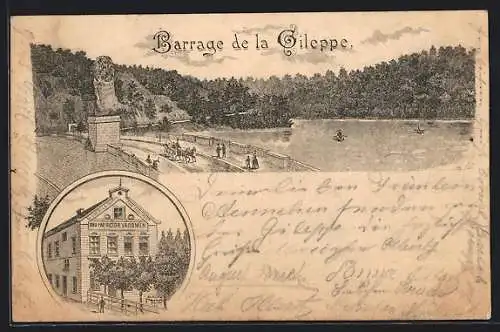 Vorläufer-Lithographie Baelen, 1894, Cafe-Restaurant Victor Vroomen, Barrage de la Gileppe