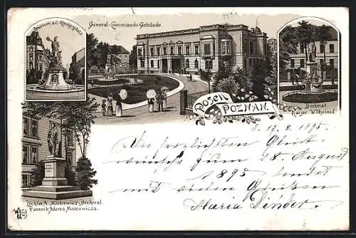 Vorläufer-Lithographie Posen, 1895, General-Commando-Gebäude, Denkmal Kaiser Wilhelm I.