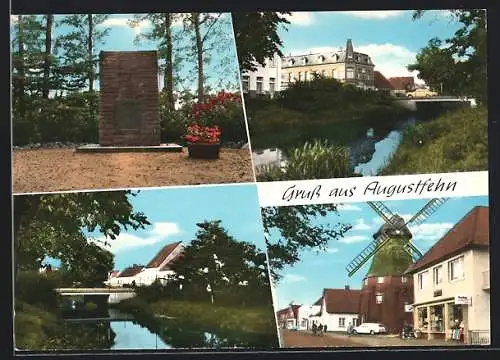 AK Augustfehn, Windmühle mit Geschäft, Denkmal, Uferpartie mit Brücke