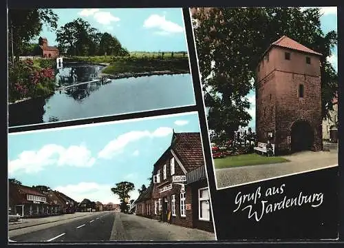 AK Wardenburg, Strassenpartie mit Gasthaus und Geschäft, Turm
