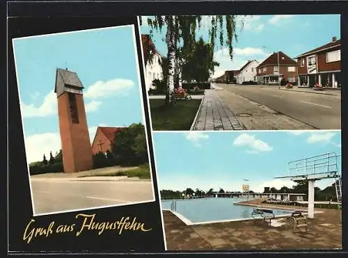 AK Augustfehn, Strassenpartie mit Geschäft, Kirche, Schwimmbad