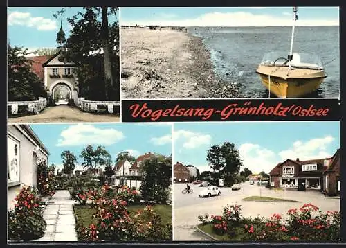 AK Vogelsang-Grünholz, Geschäft von Karl Voigt, Strassenpartie, Strand