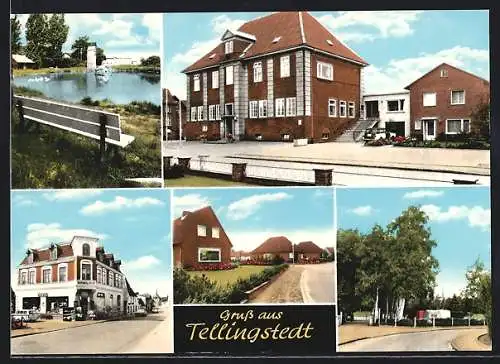 AK Tellingstedt, Kaufhaus, Strassenpartien mit Wohnhäusern, Partie am See