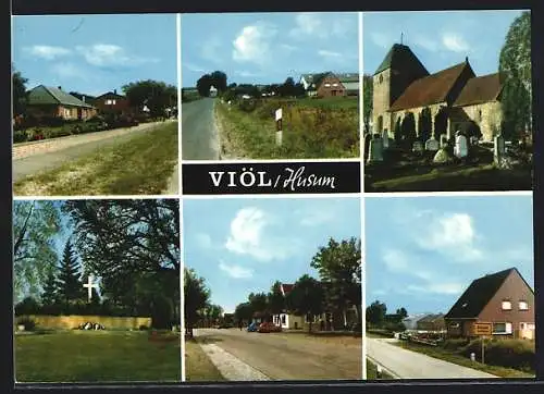 AK Viöl bei Husum, Kirche mit Friedhof, Grabmal, Strassenpartie