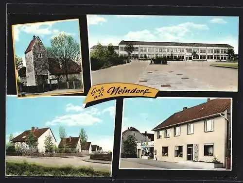 AK Neindorf / Wolfsburg, Gemischtwaren Irene Sabothe, Kirche, Strassenpartie