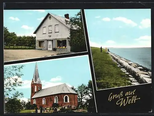 AK Welt a. d. Nordsee, Kirche, Ladengeschäft, Küste