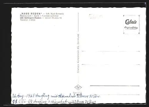 AK Solingen-Rüden, Restaurant und Cafe Haus Rüden, Unten Rüden 14